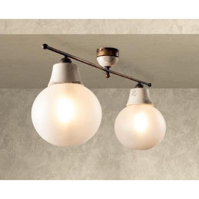 PLAFONIERA LINEARE 2 LUCI IN OTTONE INVECCHIATO E TERRACOTTA DECORATA CON SFERE IN VETRO MADE IN ITALY