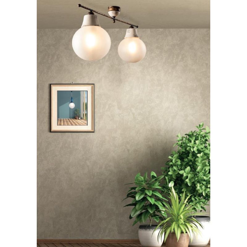 PLAFONIERA LINEARE 2 LUCI IN OTTONE INVECCHIATO E TERRACOTTA DECORATA CON SFERE IN VETRO MADE IN ITALY