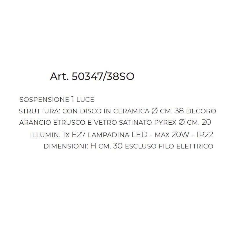 SOSPENSIONE SINGOLA D38 CM IN CERAMICA DECORATA A MANO CON SFERA IN VETRO BIANCO MADE IN ITALY