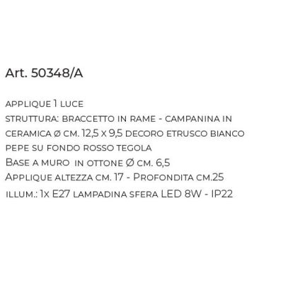 APPLIQUE RUSTICA IN RAME E CERAMICA DECORATA A MANO BRACCIO SEMI RIGIDO MADE IN ITALY IMAS