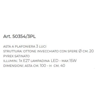 PLAFONIERA LINEARE IN OTTONE INVECCHIATO CON 3 SFERE IN VETRO BIANCO MADE IN ITALY DELLA IMAS