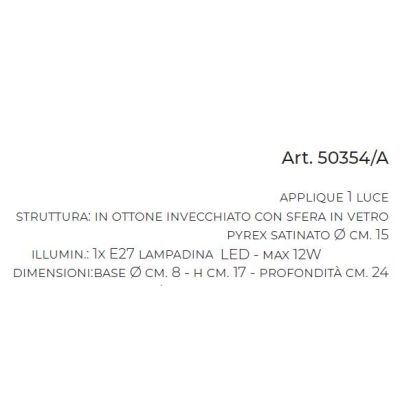 APPLIQUE IN OTTONE INVECCHIATO CON SFERA IN VETRO PIREX BIANCO RUSTICA MADE IN ITALY DELLA IMAS