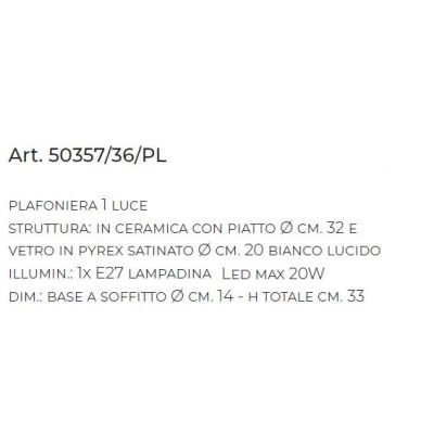 PLAFONIERA RUSTCA IN CERAMICA BIANCA CON SFERA IN VETRO D20 CM MADE IN ITALY DELLA IMAS