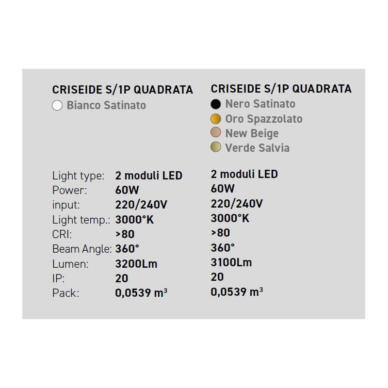 CRISEIDE SOSPENSIONE QUADRATA IN 2 MISURE LED INTEGRATO LUCE 3000K ALLUMINIO 5 COLORI MODERNA