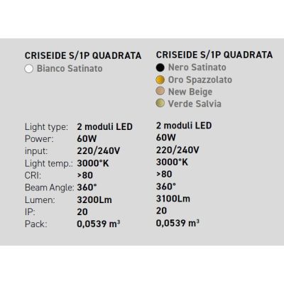CRISEIDE SOSPENSIONE QUADRATA IN 2 MISURE LED INTEGRATO LUCE 3000K ALLUMINIO 5 COLORI MODERNA