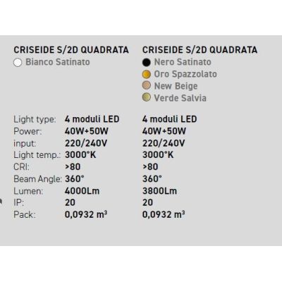 CRISEIDE 2 SOSPENSIONE CON DIFFUSORI QUADRATI LED 90W LUCE 3000K ALLUMINIO 5 COLORI MODERNA