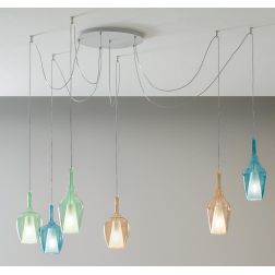 OFELIA SOSPENSIONE DECENTRATA CON 6 LUCI IN VETRO COLORATO DISPONIBILE IN 8 COLORI LAMPADINE ATTACCO E27