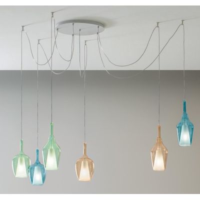 OFELIA SOSPENSIONE DECENTRATA CON 6 LUCI IN VETRO COLORATO DISPONIBILE IN 8 COLORI LAMPADINE ATTACCO E27