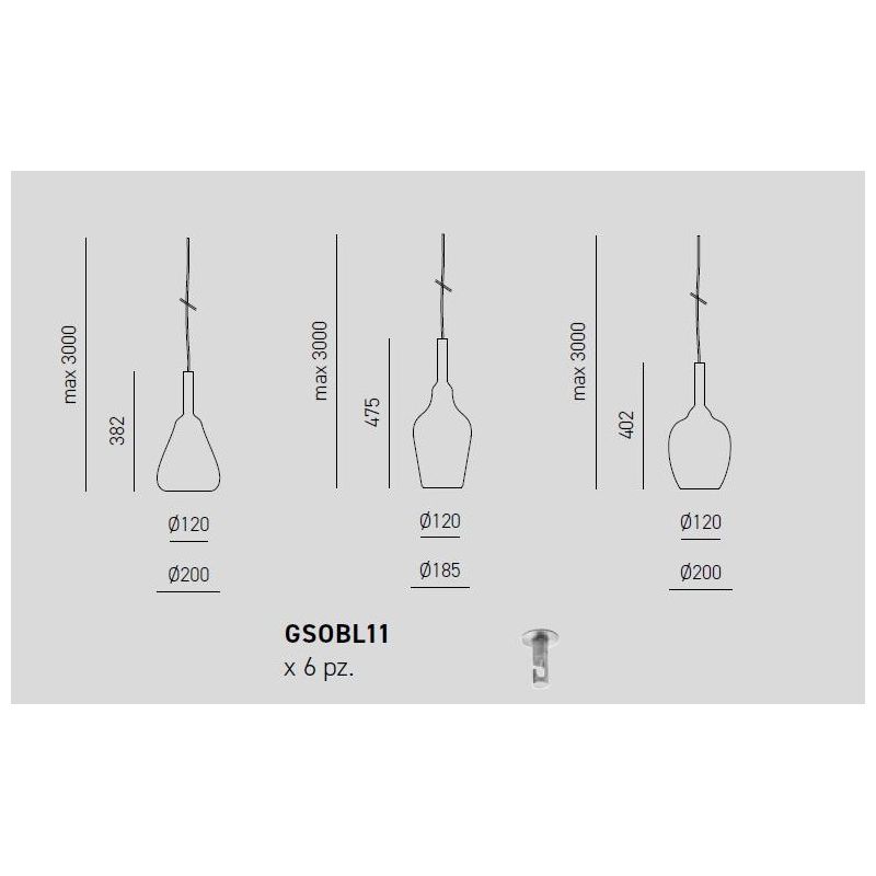 OFELIA SOSPENSIONE DECENTRATA CON 6 LUCI IN VETRO COLORATO DISPONIBILE IN 8 COLORI LAMPADINE ATTACCO E27