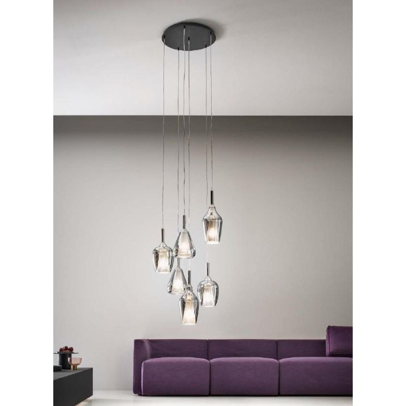 OFELIA SOSPENSIONE 6 LUCI IN VETRO COLORATO DISPONIBILE IN 8 COLORI CON LAMPADINE ATTACCO E27
