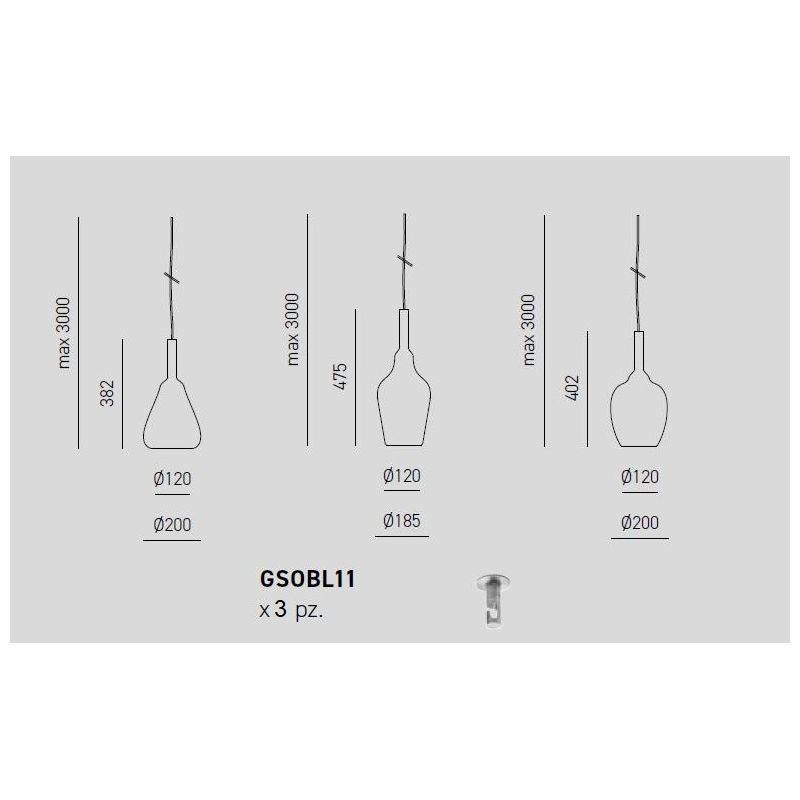 OFELIA SOSPENSIONE CON DECENTRO 3 LUCI IN VETRO COLORATO DISPONIBILE IN 8 COLORI CON LAMPADINE ATTACCO E27