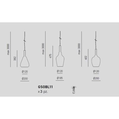 OFELIA SOSPENSIONE CON DECENTRO 3 LUCI IN VETRO COLORATO DISPONIBILE IN 8 COLORI CON LAMPADINE ATTACCO E27