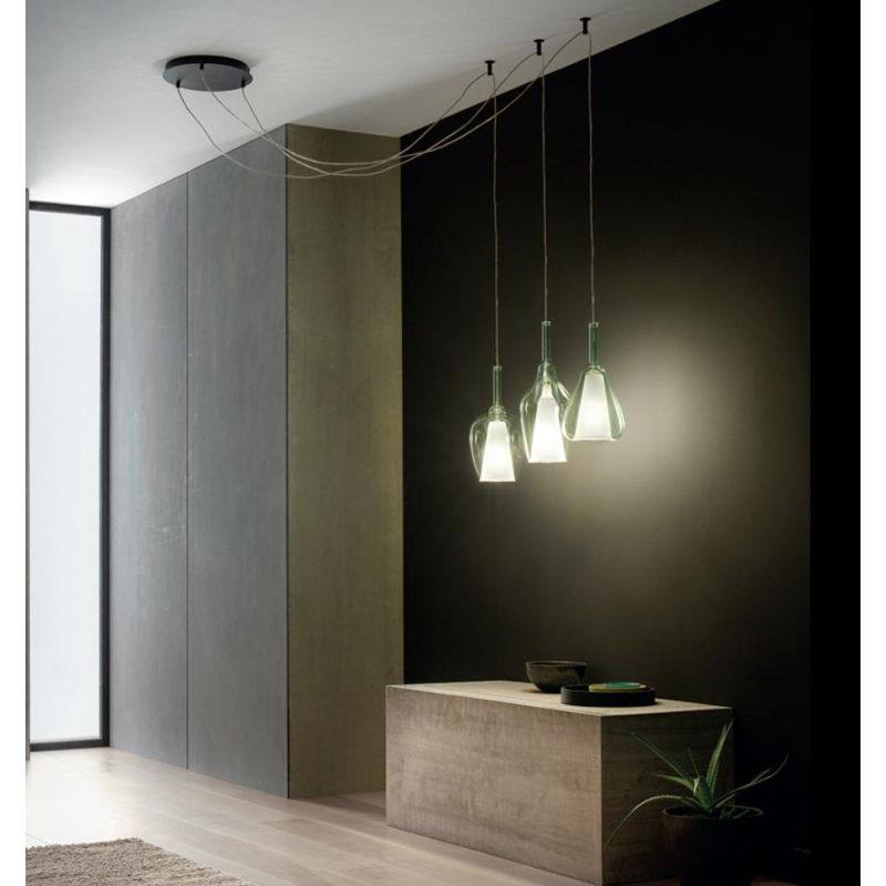 OFELIA SOSPENSIONE CON DECENTRO 3 LUCI IN VETRO COLORATO DISPONIBILE IN 8 COLORI CON LAMPADINE ATTACCO E27
