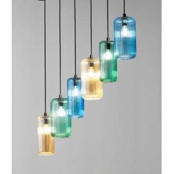 RAIKA SOSPENSIONE DECENTRATA CON 6 DIFFUSORI IN VETRO RIGATO COLORATO E LAMPADINE ATTACCO E27 MODERNA 2