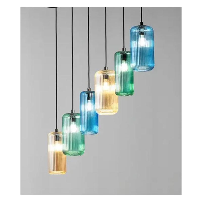 RAIKA SOSPENSIONE DECENTRATA CON 6 DIFFUSORI IN VETRO RIGATO COLORATO E LAMPADINE ATTACCO E27 MODERNA