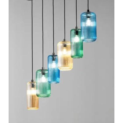 RAIKA SOSPENSIONE DECENTRATA CON 6 DIFFUSORI IN VETRO RIGATO COLORATO E LAMPADINE ATTACCO E27 MODERNA