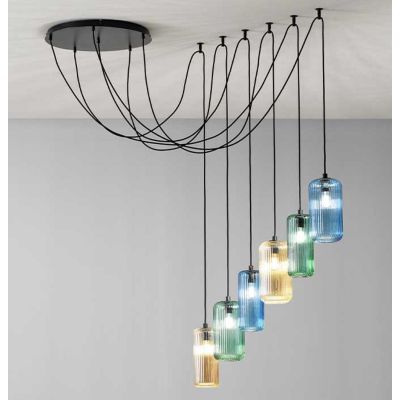 RAIKA SOSPENSIONE DECENTRATA CON 6 DIFFUSORI IN VETRO RIGATO COLORATO E LAMPADINE ATTACCO E27 MODERNA