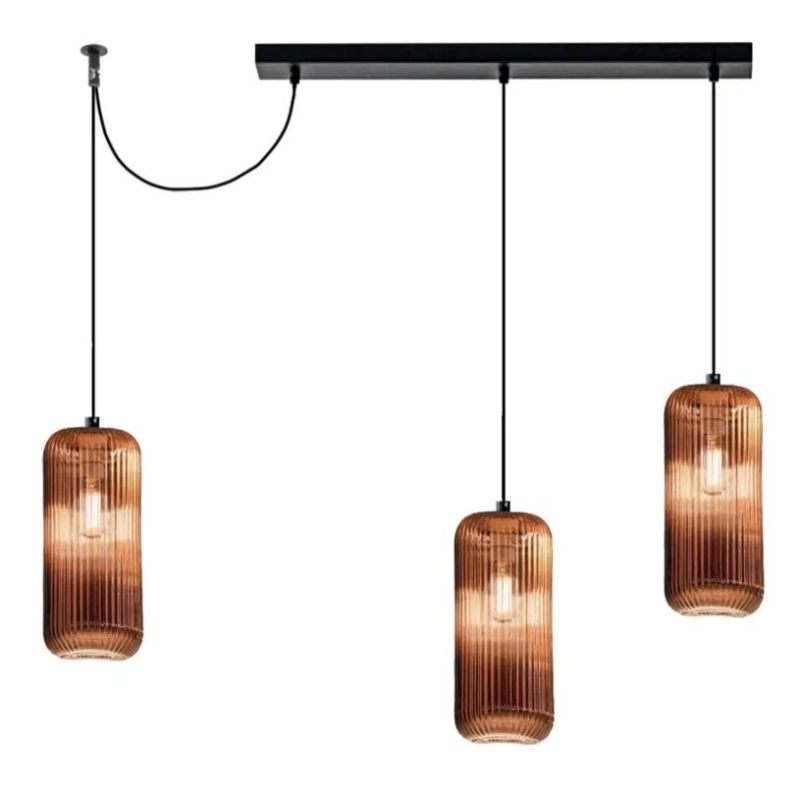 RAIKA SOSPENSIONE RETTANGOLARE CON DECENTRO 3 DIFFUSORI IN VETRO RIGATO COLORATO LAMPADINE ATTACCO E27
