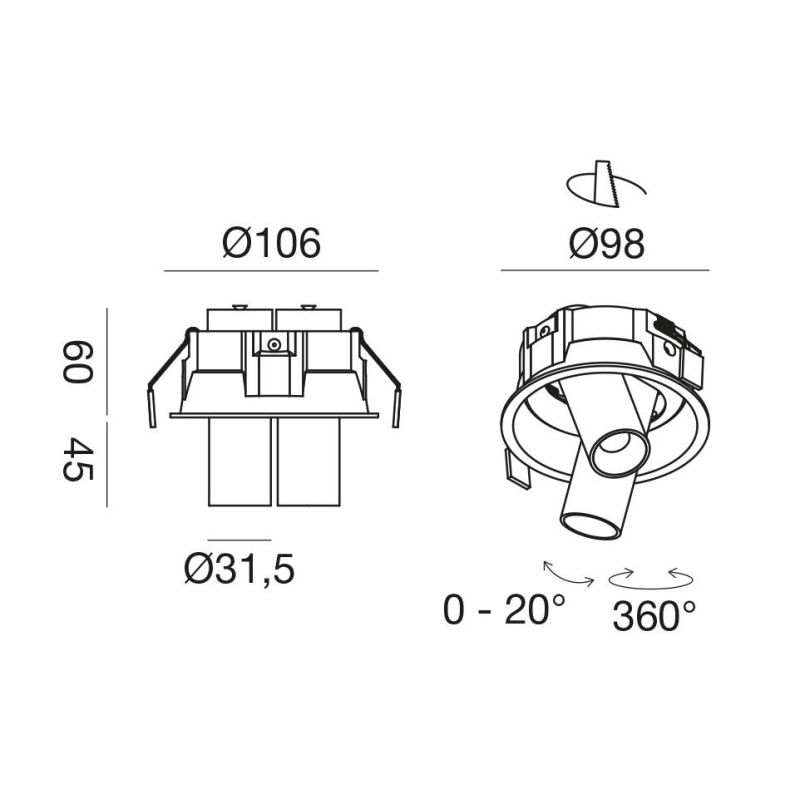 FARETTO DA INCASSO CON 2 DIFFUSORI ORIENTABILI LED 16W LUCE 3000K COLORE BIANCO E NERO MODERNO