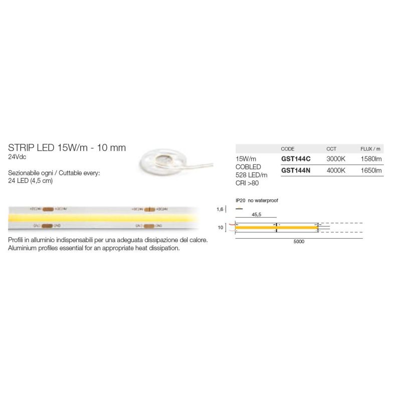 STRIP LED 15W/M IP20 24VDC GST144 ROLLA DA 5 METRI DELLA GEA LUCE