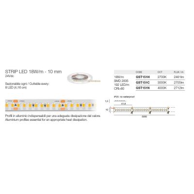 STRIP LED 18W/M IP20 24VDC GST151 ROLLA DA 5 METRI LUCE 2700K-3000K-4000K DELLA GEA LUCE