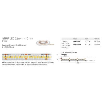 STRIP LED 22W/M IP66 24VDC GST183 ROLLA DA 5 METRI LUCE 3000K-4000K DIMMERABILE DELLA GEA LUCE