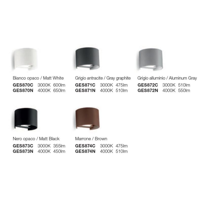 APPLIQUE A LED 10W IP54 LUCE 3000K-4000K BIEMISSIONE ALLUMINIO 5 COLORI CON FLUSSO LUMINOSO REGOLABILE