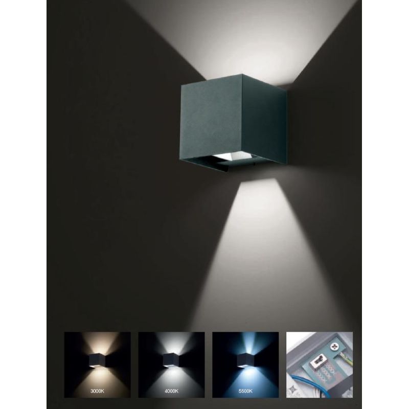 APPLIQUE CUBO LED 10W IP65 LUCE 3000K-4000K-5500K BIEMISSIONE ALLUMINIO 3 COLORI CON FLUSSO LUMINOSO REGOLABILE