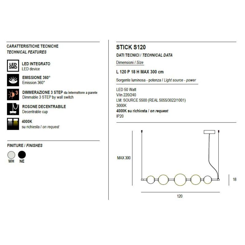 STICK SOSPENSIONE LINEARE LED 50W BIANCA O NERA DIFFUSORI IN VETRO EFFETTO ALABASTRO LUCE 3000K DIMMERABILE