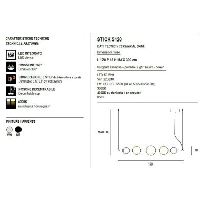 STICK SOSPENSIONE LINEARE LED 50W BIANCA O NERA DIFFUSORI IN VETRO EFFETTO ALABASTRO LUCE 3000K DIMMERABILE