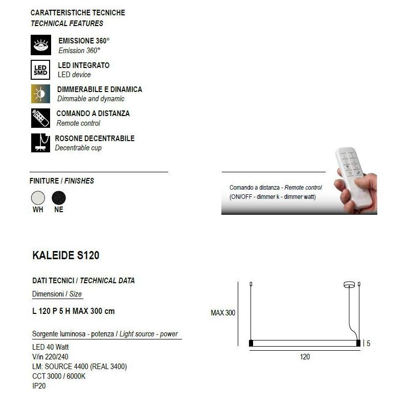 KALEIDE SOSPENSIONE LINEARE LED 40W BIANCA O NERA DIFFUSORE TRASPARENTE RIGATO LUCE 3000K DIMMERABILE