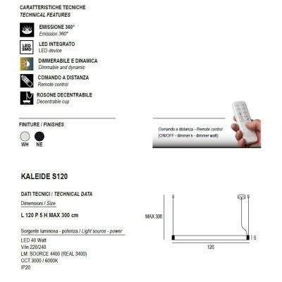 KALEIDE SOSPENSIONE LINEARE LED 40W BIANCA O NERA DIFFUSORE TRASPARENTE RIGATO LUCE 3000K DIMMERABILE