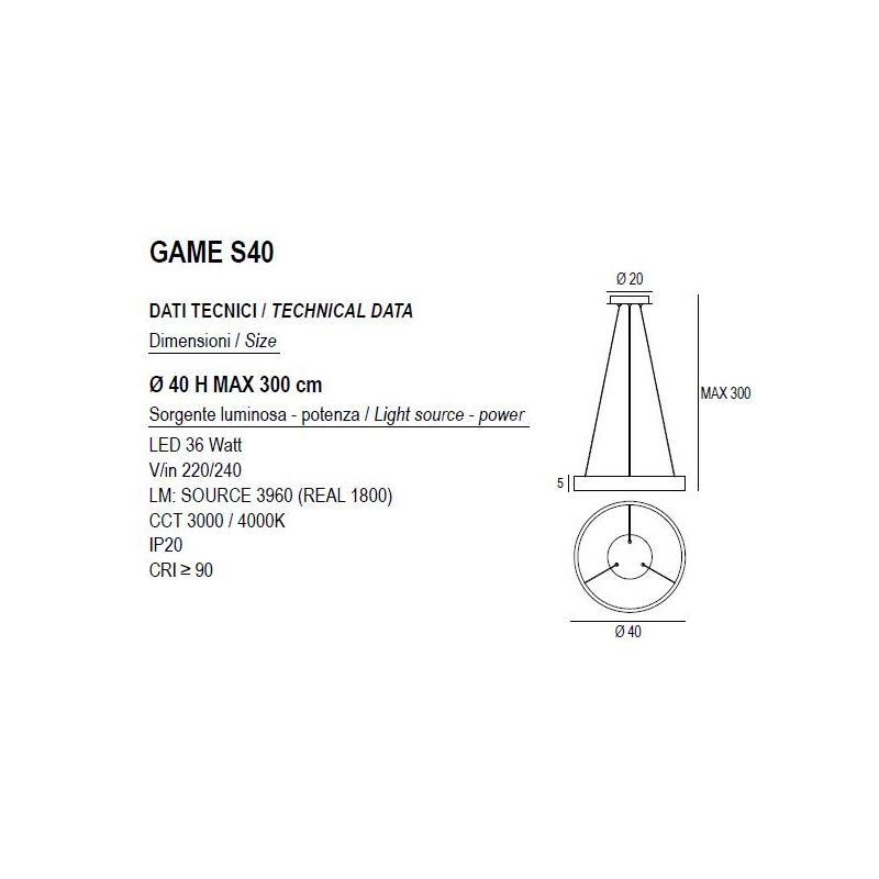 GAME S40 SOSPENSIONE SINGOLA CON ANELLO DI 40 CM BIEMISSIONE LED 36W CCT 3000K-4000K IN 19 COLORI