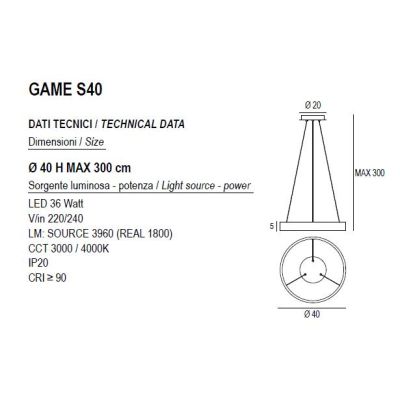 GAME S40 SOSPENSIONE SINGOLA CON ANELLO DI 40 CM BIEMISSIONE LED 36W CCT 3000K-4000K IN 19 COLORI