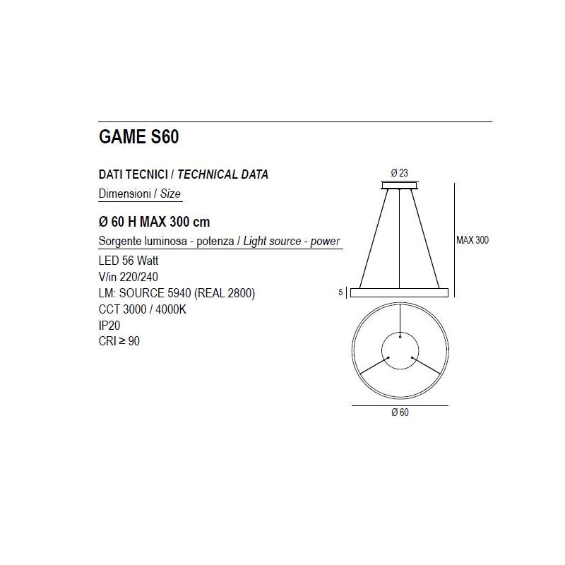 GAME S60 SOSPENSIONE SINGOLA CON ANELLO DI 60 CM BIEMISSIONE LED 56W CCT 3000K-4000K IN 19 COLORI