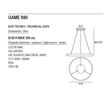 GAME S60 SOSPENSIONE SINGOLA CON ANELLO DI 60 CM BIEMISSIONE LED 56W CCT 3000K-4000K IN 19 COLORI