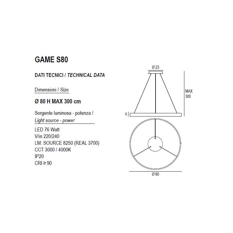 GAME S80 SOSPENSIONE SINGOLA CON ANELLO DI 80 CM BIEMISSIONE LED 76W CCT 3000K-4000K IN 19 COLORI
