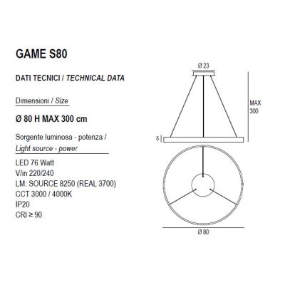 GAME S80 SOSPENSIONE SINGOLA CON ANELLO DI 80 CM BIEMISSIONE LED 76W CCT 3000K-4000K IN 19 COLORI