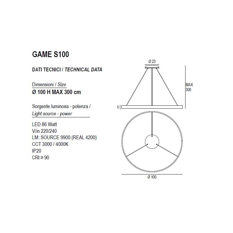 GAME S100 SOSPENSIONE SINGOLA CON ANELLO DI 100 CM BIEMISSIONE LED 83W CCT 3000K-4000K IN 19 COLORI