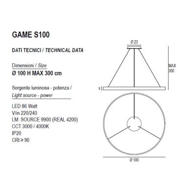 GAME S100 SOSPENSIONE SINGOLA CON ANELLO DI 100 CM BIEMISSIONE LED 83W CCT 3000K-4000K IN 19 COLORI