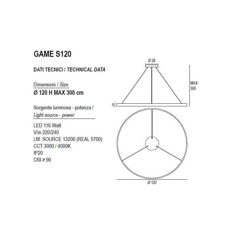 GAME S1200 SOSPENSIONE SINGOLA CON ANELLO DI 120 CM BIEMISSIONE LED 116W CCT 3000K-4000K IN 19 COLORI