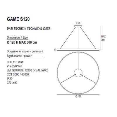 GAME S1200 SOSPENSIONE SINGOLA CON ANELLO DI 120 CM BIEMISSIONE LED 116W CCT 3000K-4000K IN 19 COLORI