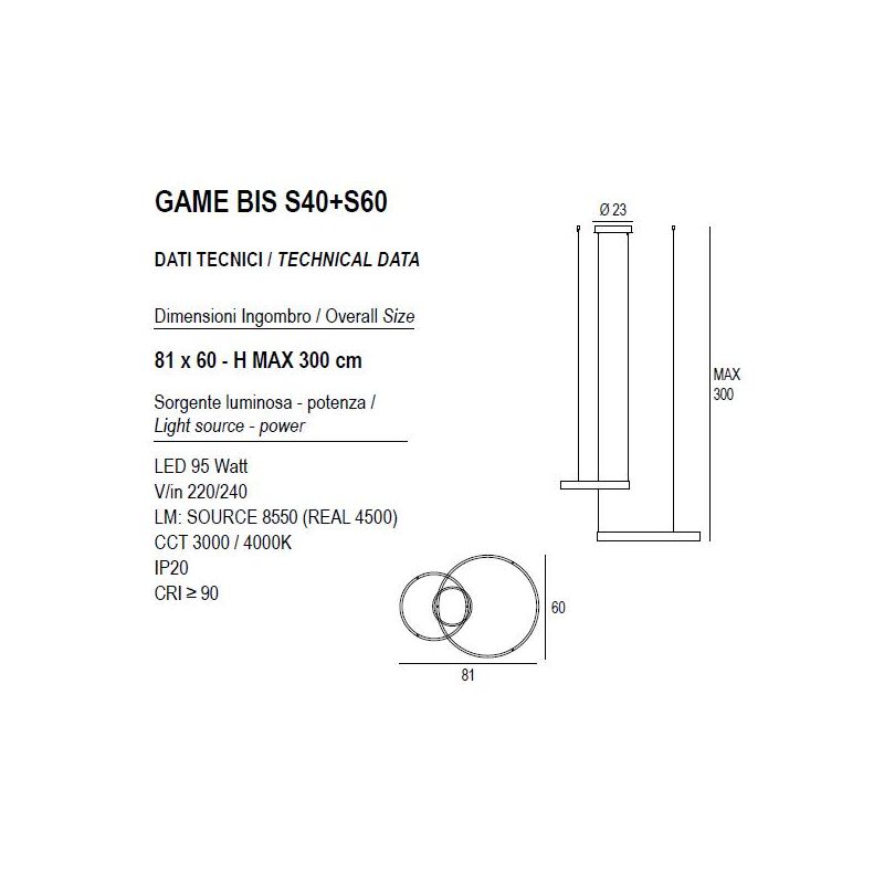 GAME BIS SOSPENSIONE A 2 ANELLI BIEMISSIONE LED 95W CCT 3000K-4000K IN 16 COLORI LARGHEZZA 80 CM