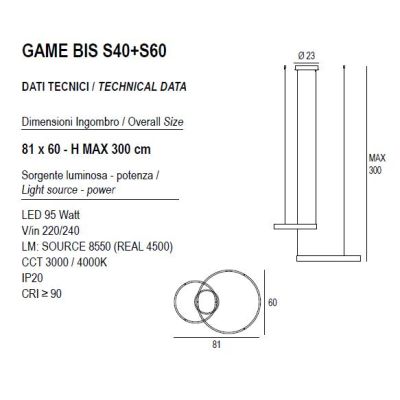 GAME BIS SOSPENSIONE A 2 ANELLI BIEMISSIONE LED 95W CCT 3000K-4000K IN 16 COLORI LARGHEZZA 80 CM