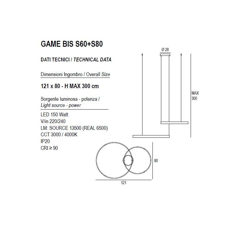 GAME BIS SOSPENSIONE A 2 ANELLI BIEMISSIONE LED 150W CCT 3000K-4000K IN 16 COLORI LARGHEZZA 120 CM