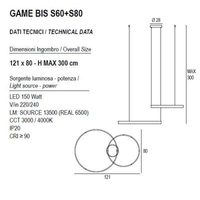 GAME BIS SOSPENSIONE A 2 ANELLI BIEMISSIONE LED 150W CCT 3000K-4000K IN 16 COLORI LARGHEZZA 120 CM