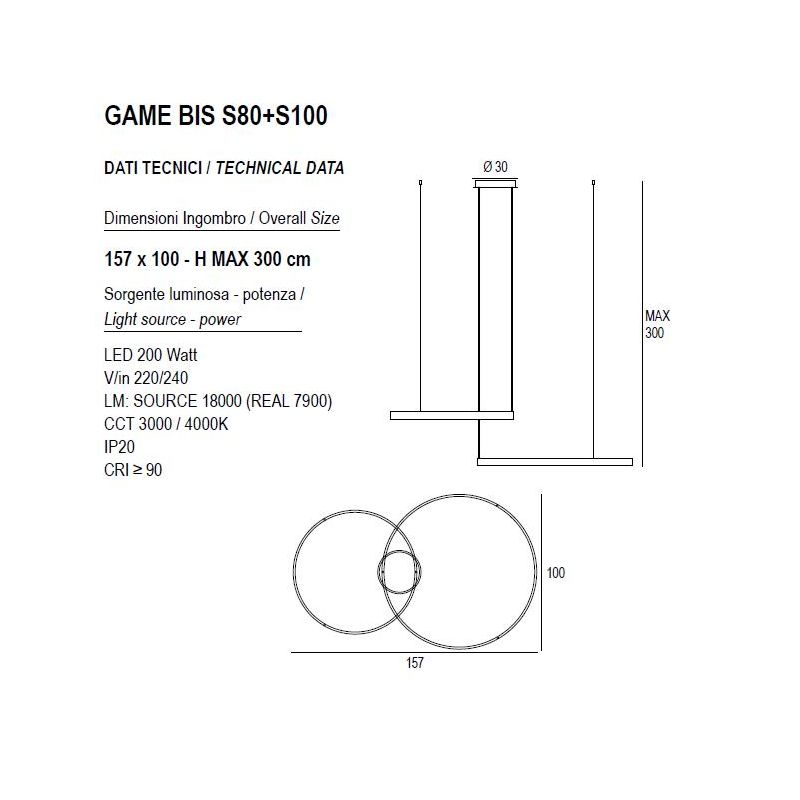 GAME BIS SOSPENSIONE A 2 ANELLI LED 200W BIEMISSIONE CCT 3000K-4000K IN 16 COLORI LARGHEZZA 160 CM