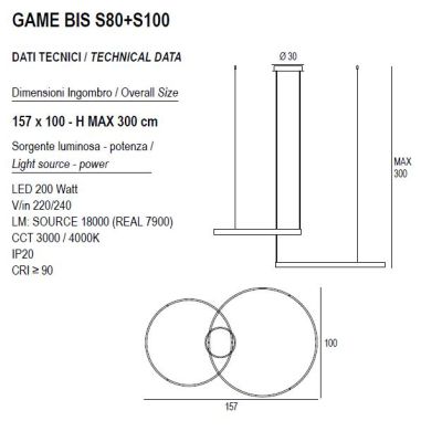 GAME BIS SOSPENSIONE A 2 ANELLI LED 200W BIEMISSIONE CCT 3000K-4000K IN 16 COLORI LARGHEZZA 160 CM