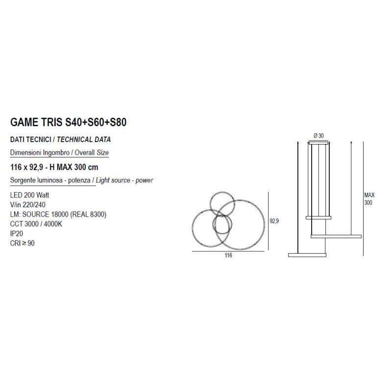 GAME TRIS SOSPENSIONE A 3 ANELLI LED 200W BIEMISSIONE CCT 3000K-4000K IN 16 COLORI DIAMETRO 116 CM