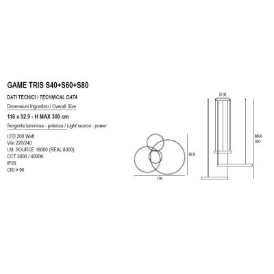 GAME TRIS SOSPENSIONE A 3 ANELLI LED 200W BIEMISSIONE CCT 3000K-4000K IN 16 COLORI DIAMETRO 116 CM